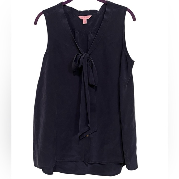 Lilly Pulitzer Raleigh navy blue 100% silk button down tank top with neck tie - Picture 2 of 11